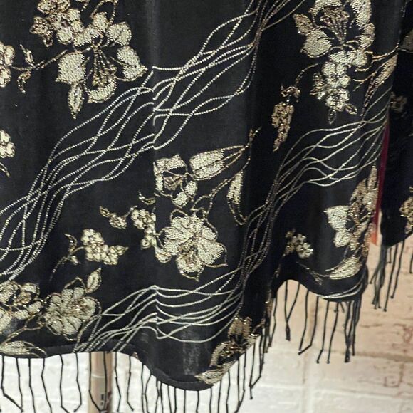 R&M Richards NWT Black Gold Fringe Formal Cocktail Long Sleeve Top 16 - Picture 3 of 12